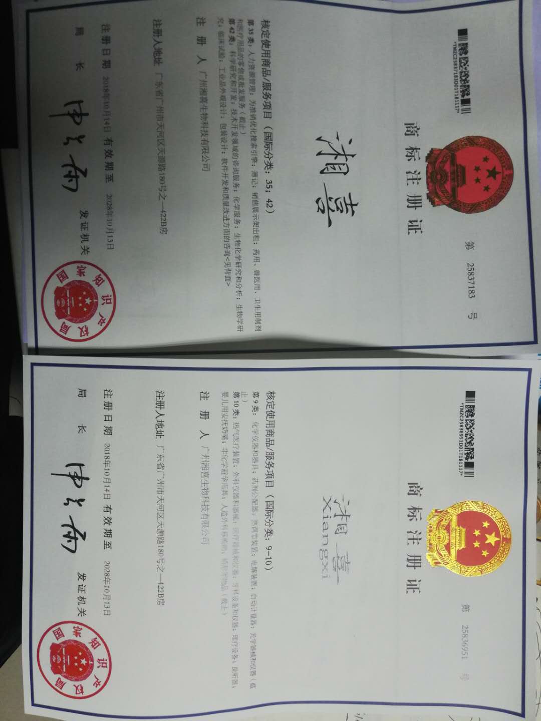 庆祝广州湘喜申请到两项注册商标